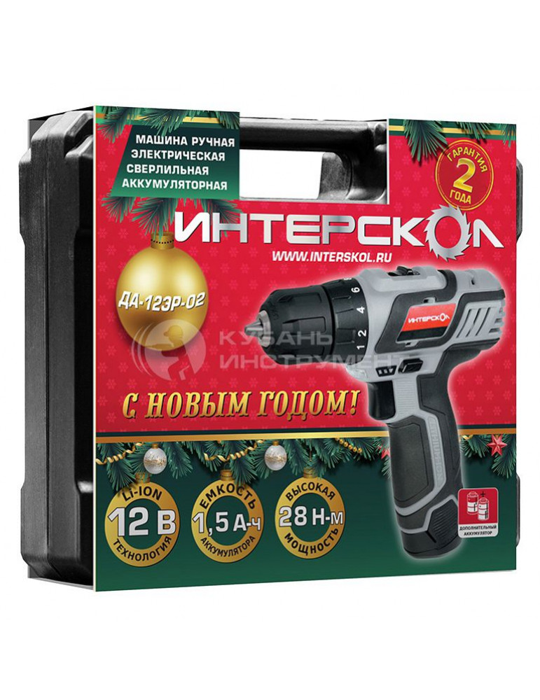 Аккумуляторная дрель-шуруповерт Интерскол ДА-12ЭР-02 Li-ion +2АКБ Новогодняя упаковка 434.1.2.10